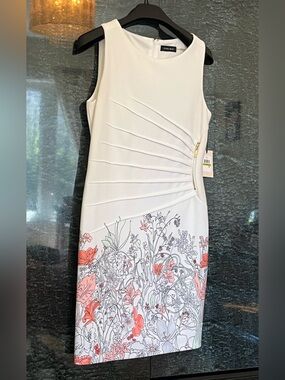 White Midi Sheath Dress with Coral Floral Hem
